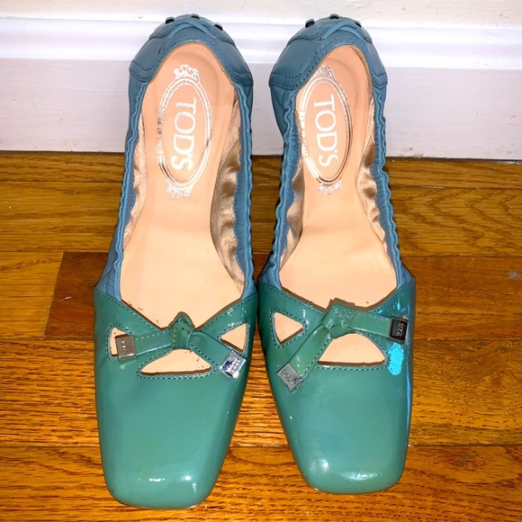 BNWT New! Women's TOD'S Colorblock Patent Leather Green-Blue Ballerina Flats - Picture 2 of 8